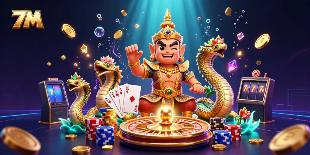 Engage with lively 7M gambling action featuring a guardian and vibrant casino elements.