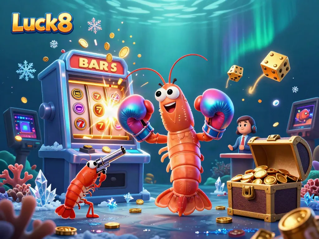 Luck8 casino illustration showcasing vibrant characters with a dynamic jackpot scene.