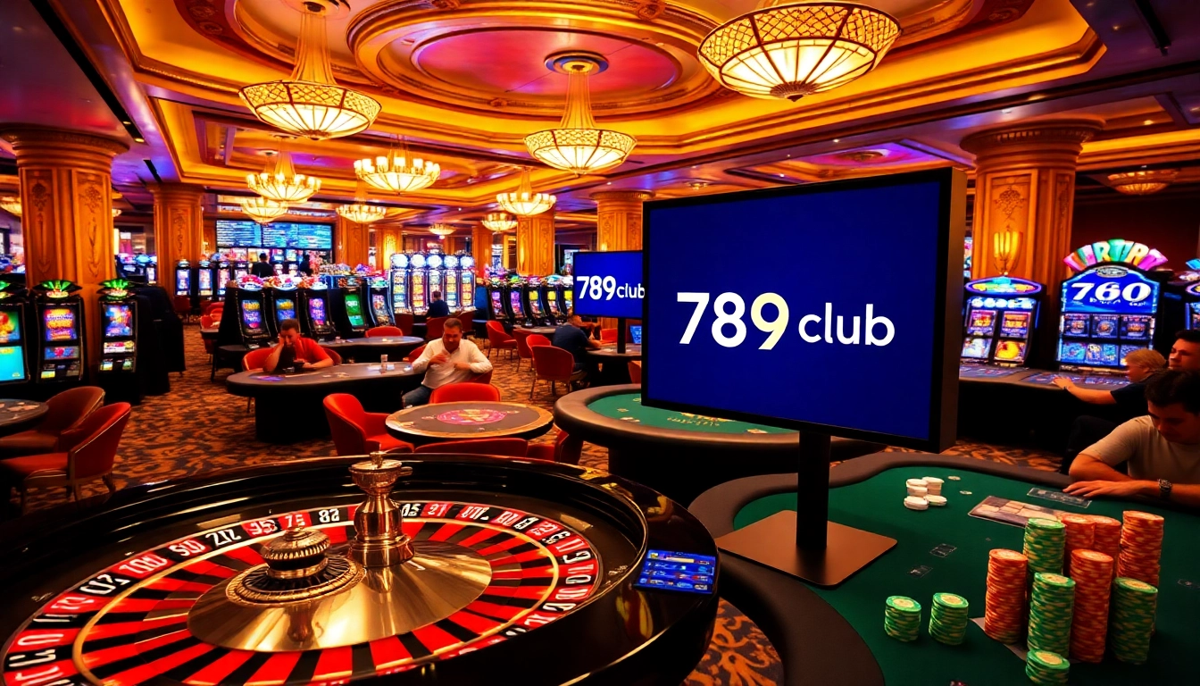 Exciting gameplay at 789club's vibrant casino, showcasing roulette, poker tables, and slot machines.