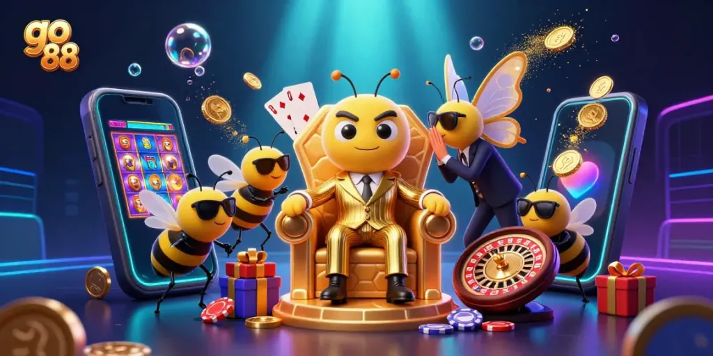 Experience thrilling gameplay at go 88 with a vibrant casino scene, featuring slot games and golden rewards.