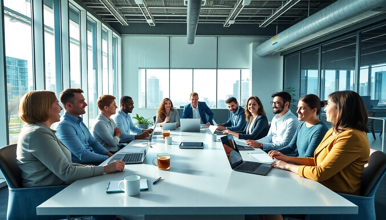 Business owners collaborating in a modern office space during a brainstorming session.