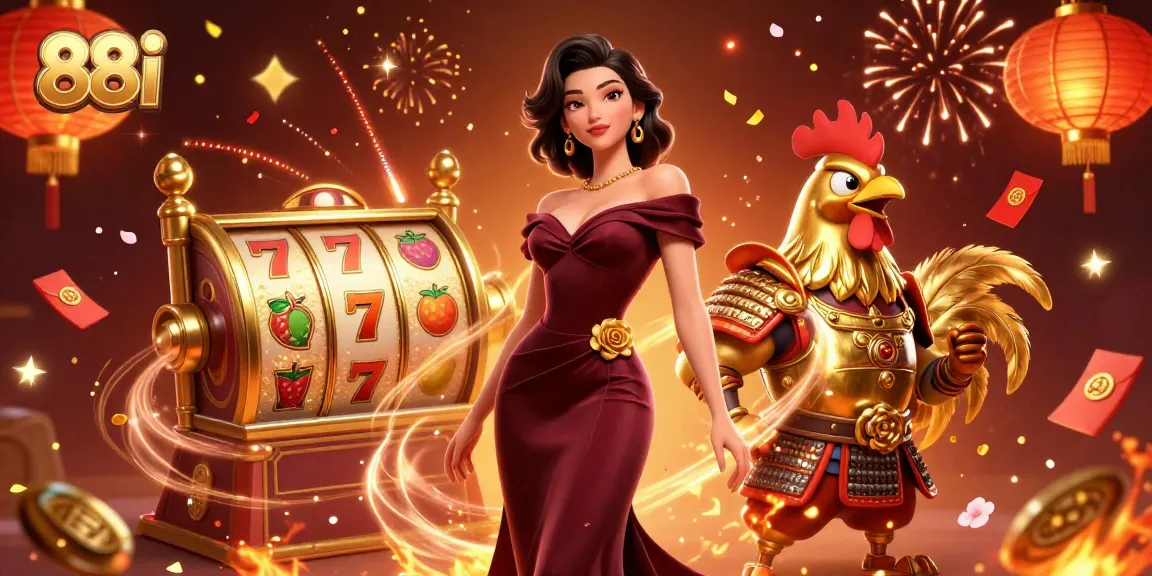 Experience thrilling gameplay at 88i with golden rooster warrior and glamorous player in a vibrant casino scene.