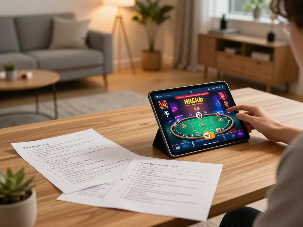 Engaged player accessing hitclub chính hãng app on tablet, detailed betting strategy notes visible