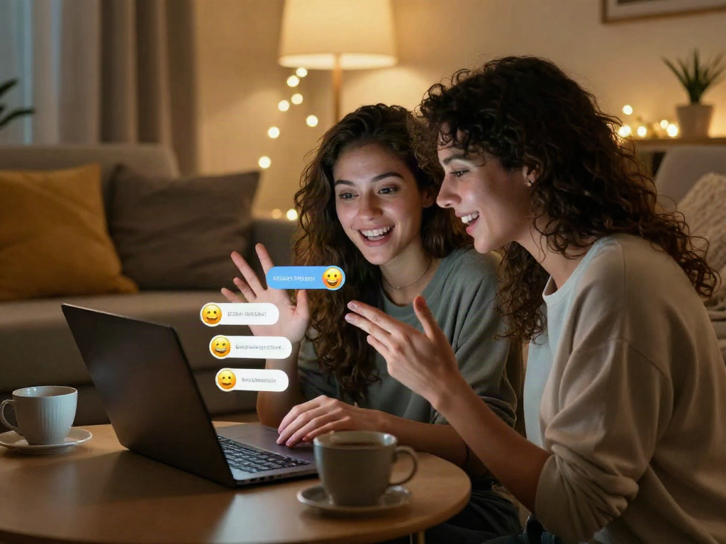 Engaging ai chat porn scene showing couple enjoying a playful virtual interaction in a cozy setting.