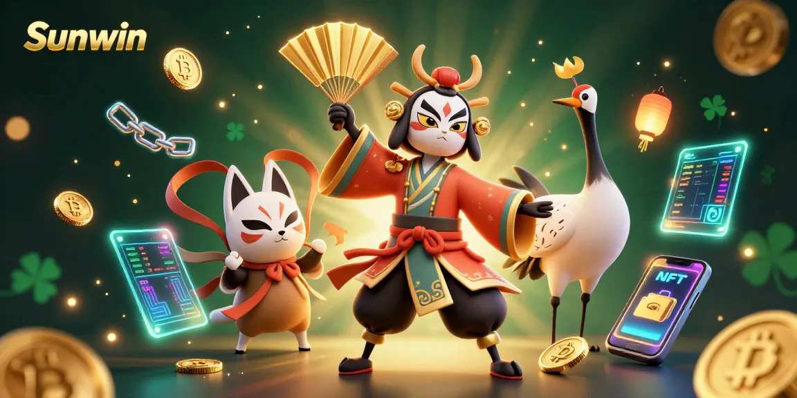 Sunwin interactive casino illustration featuring vibrant characters, crypto elements, and exciting gaming ambiance.