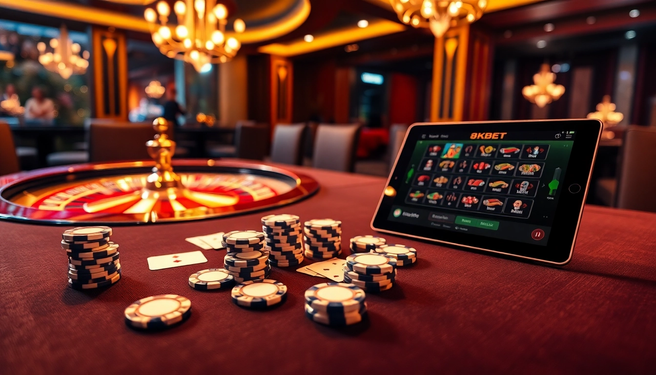 Players engaging in thrilling games at 8KBET casino, featuring vibrant poker chips and an exciting roulette wheel.