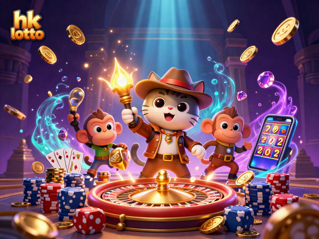 Engage in hk lotto excitement with a vibrant 3D illustration of a cat archaeologist and monkey companion.