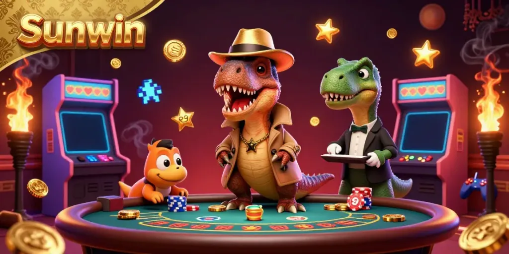 Experience the excitement of Sunwin with a 3D velociraptor card counter and colorful casino elements.