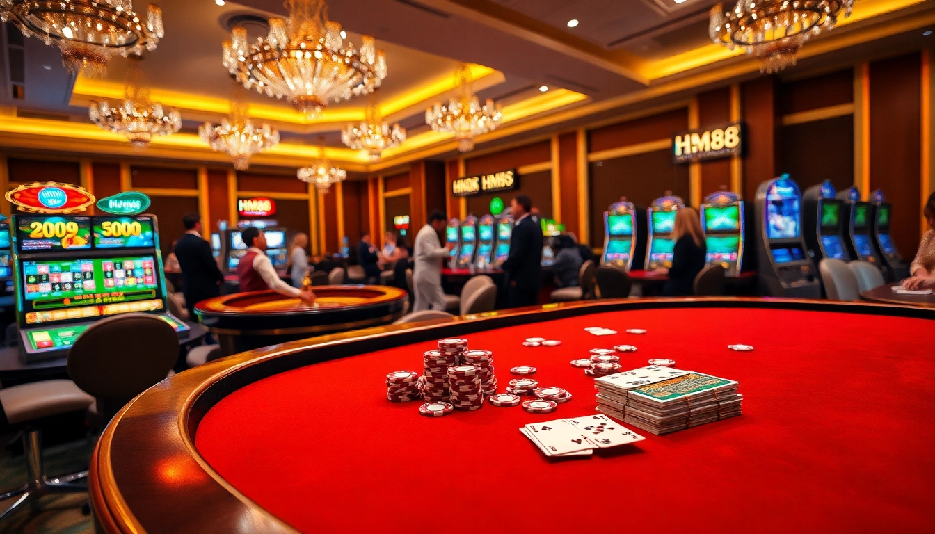 Experience the excitement of gambling at HM88 Casino with vibrant poker tables and slot machines.