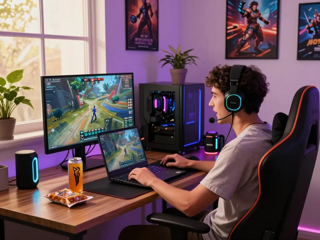 Exciting gaming setup showcasing vibrant atmosphere, perfect for tải game rikvip.
