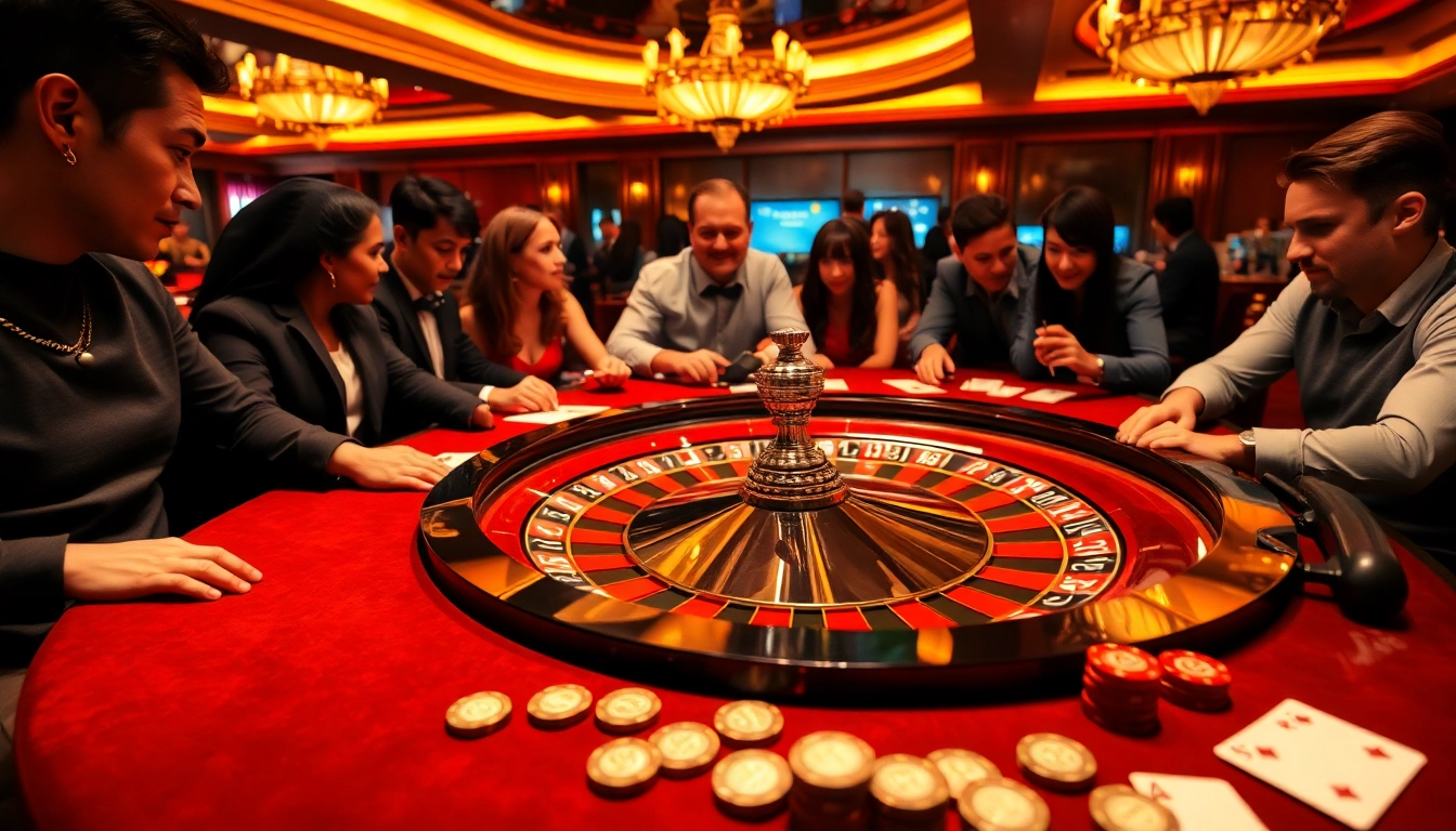 Exciting gameplay with u888 poker chips and roulette wheel in a luxurious casino atmosphere.