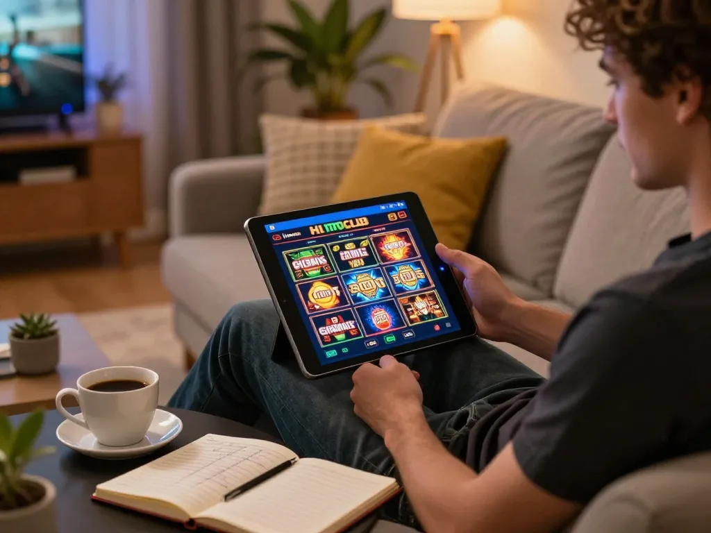 Hitclub player enjoying online slots on tablet in cozy home setting