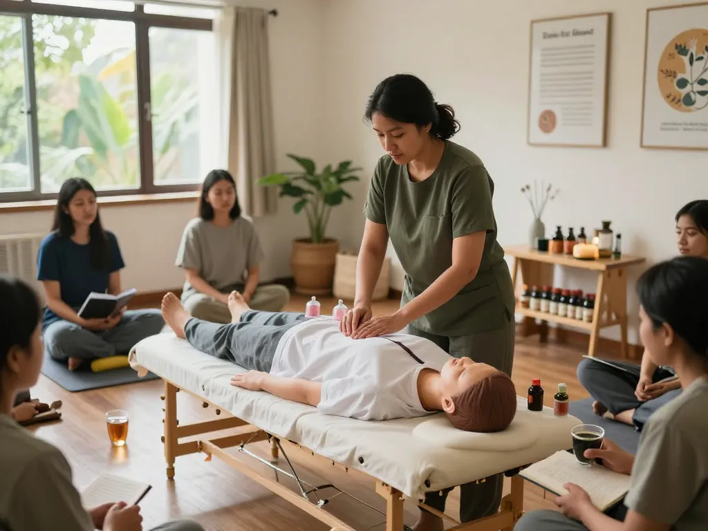 Hijama training London workshop with instructor demonstrating cupping techniques in a serene studio.