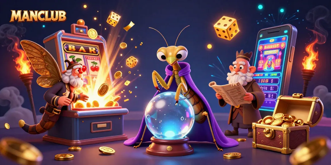 Engage with MANCLUB's winning strategies amidst a dynamic casino scene featuring a praying mantis fortune teller.
