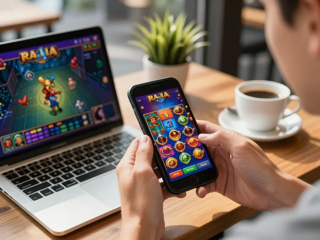 Suasana permainan mobile yang menarik dengan smartphone menampilkan permainan raja slot di sebuah kafe modern, menekankan keseruan bermain.