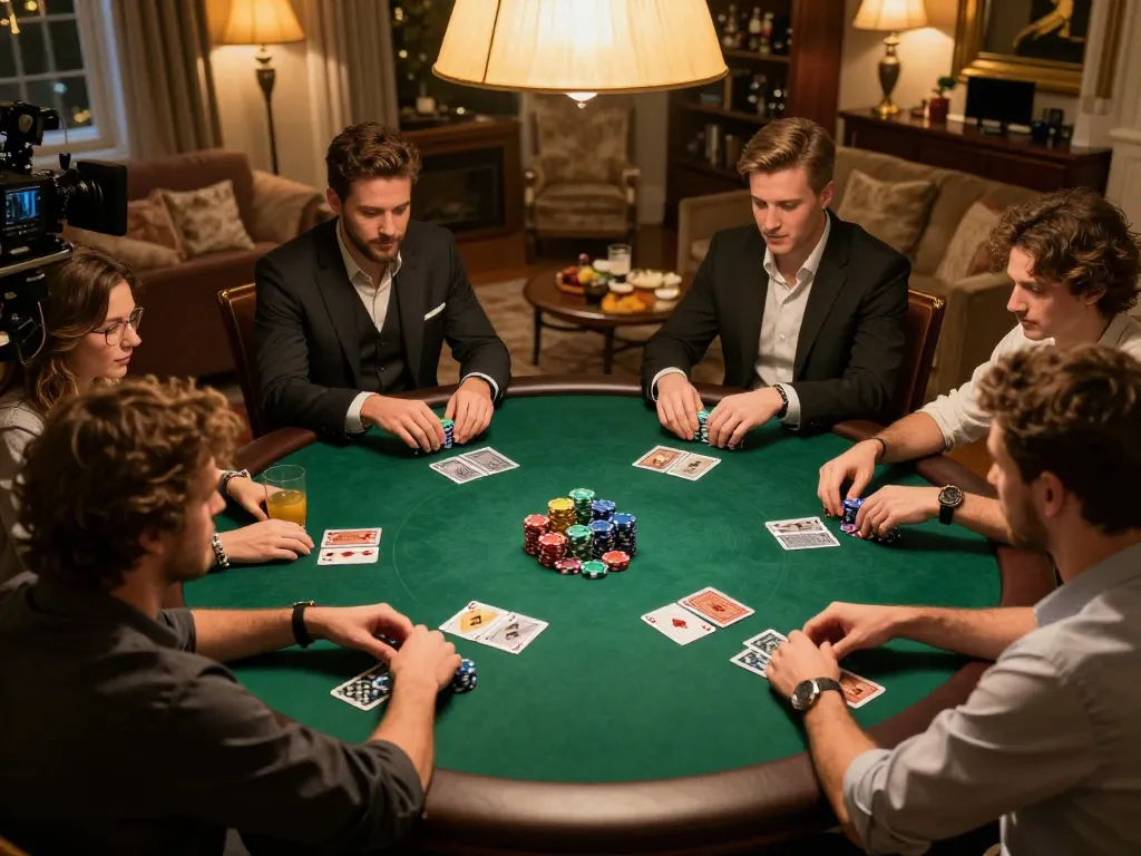 Bsport players engaged in a home poker game, showcasing strategy and excitement.