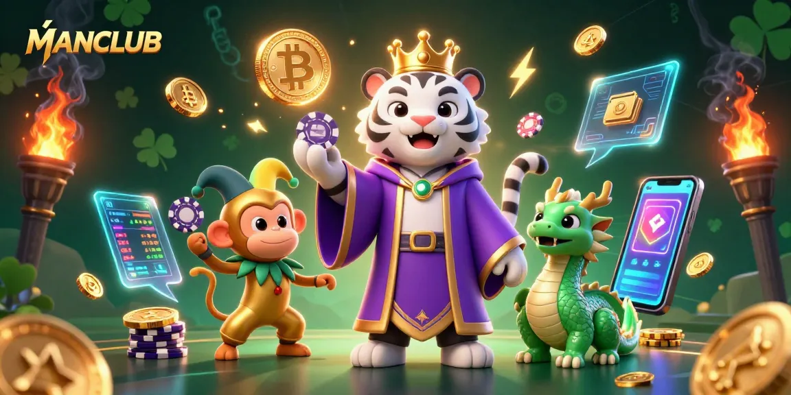 Engage with MANCLUB in a lively casino scene featuring rich 3D animated characters and vibrant gambling elements.