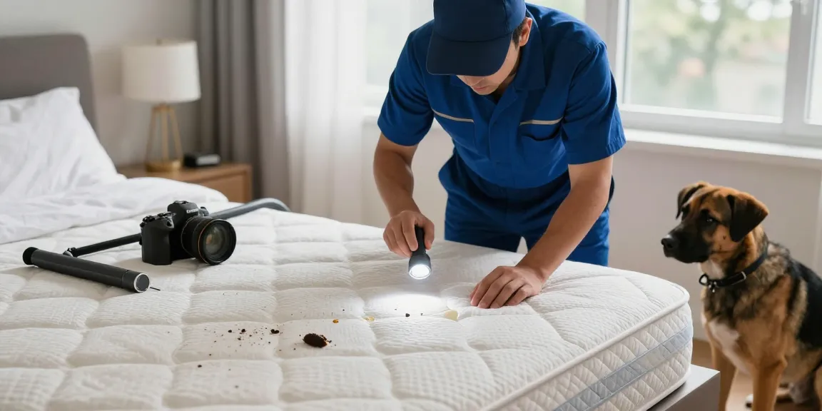Bed bug exterminator inspecting a mattress for signs of infestation with professional tools and K9 assistance.