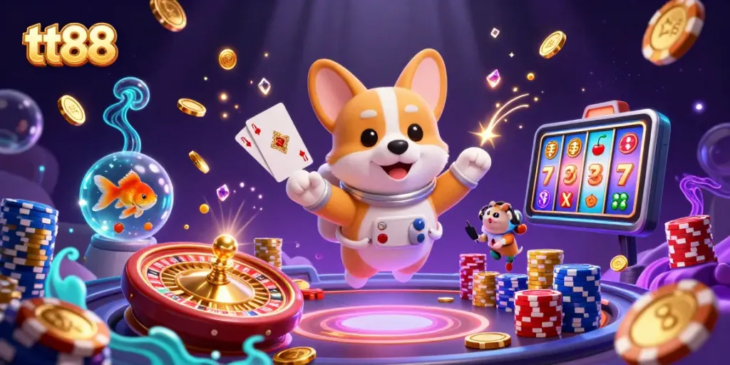 Spin the reels with tt88 in a vibrant 3D casino scene featuring cartoon characters and drifting poker chips.