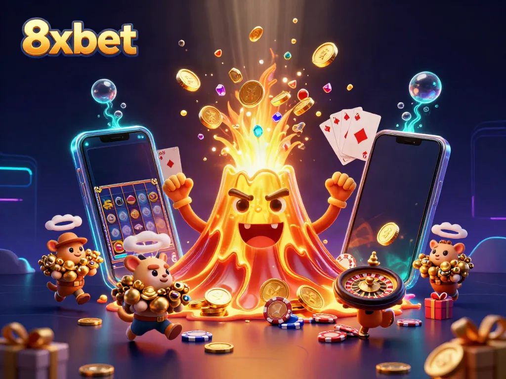 Experience the excitement of 8xbet with a golden volcano erupting treasures and dynamic casino elements.