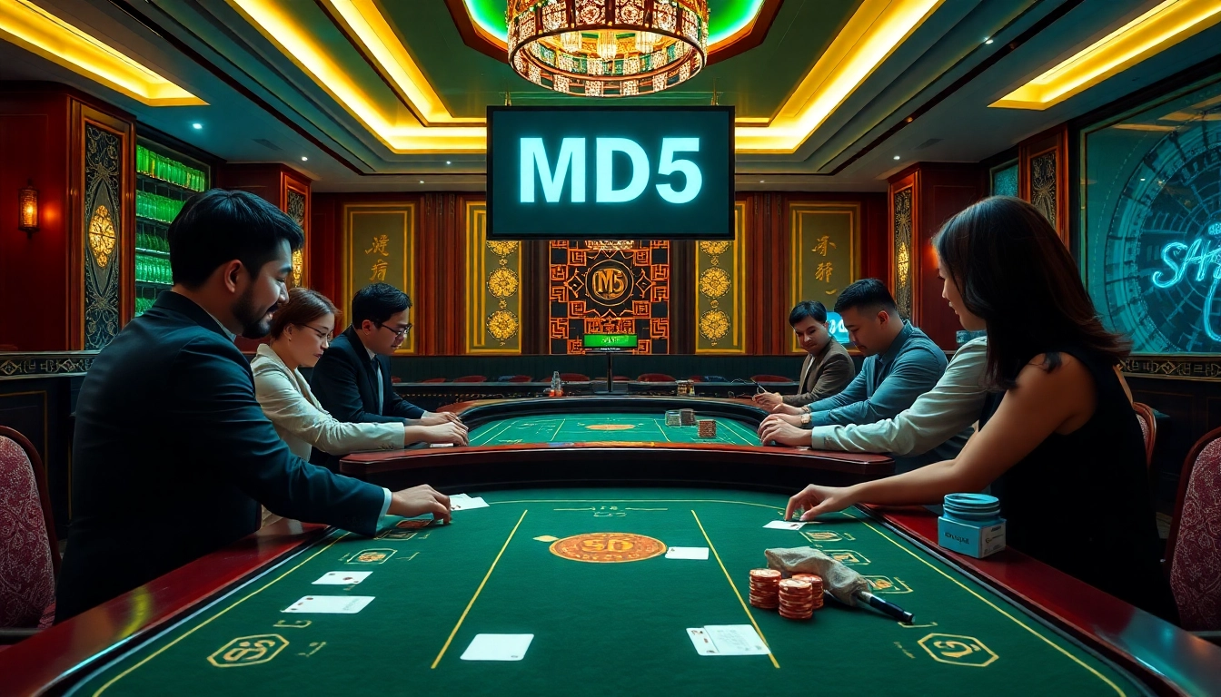 Engaged players placing bets in a thrilling Tài xỉu MD5 game with a digital hash display.
