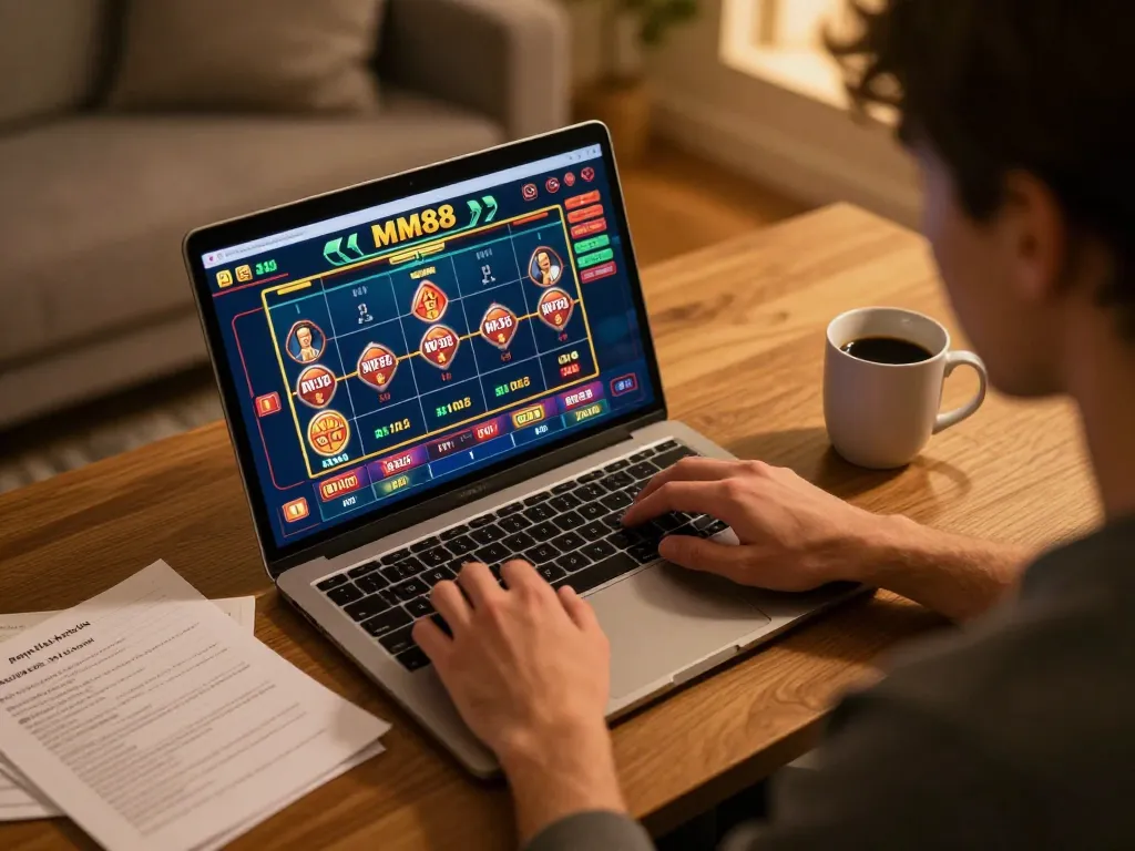 Player enjoying an online MM88 casino game, showcasing strategic gameplay and responsible gambling.