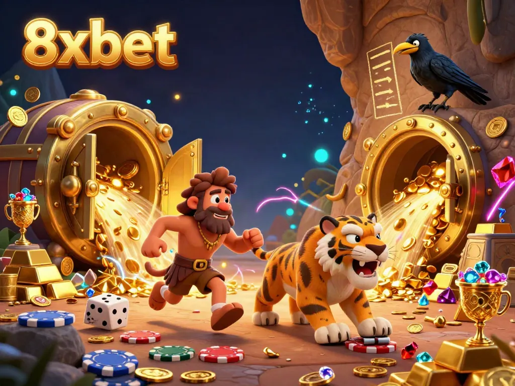 Experience the thrilling vibe of 8xbet in a prehistoric casino setting with cavemen and treasures.