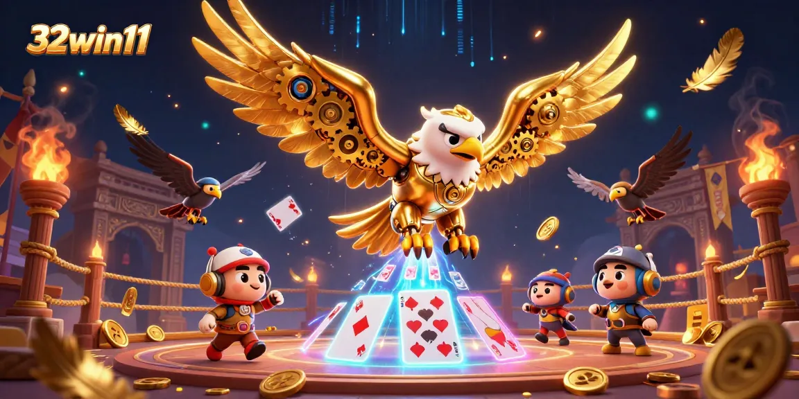 Experience exciting action at 32win11 with a golden eagle flying through holographic cards.