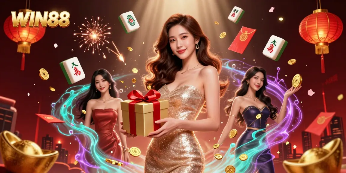 Experience WIN88's festive atmosphere with a welcoming casino scene featuring gold coins and celebratory elements.