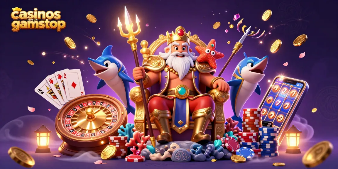 Win big at casinos not on gamstop with cartoon Neptune and vibrant casino elements.