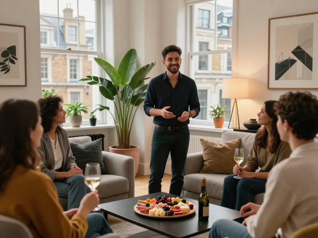 Airbnb management London scene showing a stylish host welcoming guests in a cozy apartment.