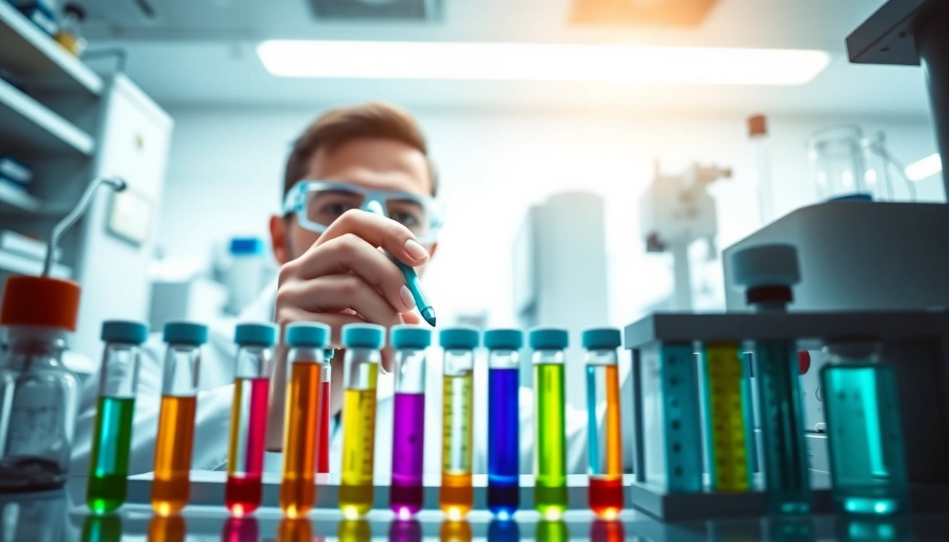 Exploring Peptides in a modern laboratory with an expert analyzing colorful samples.