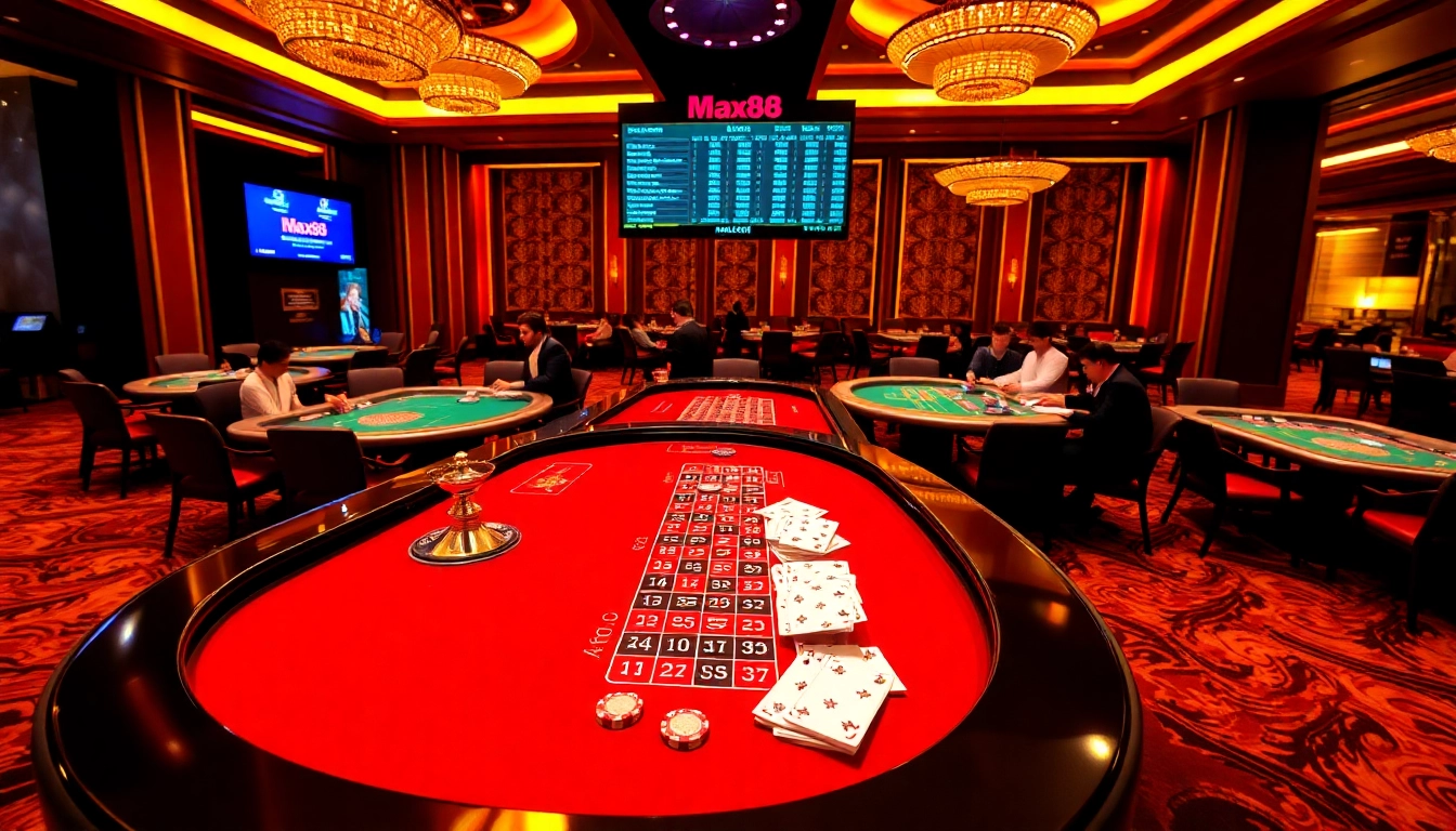 Max88 gaming table with roulette and poker chips in a vibrant casino scene