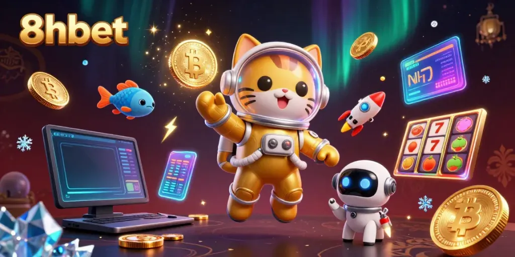 Experience thrilling gameplay with 8xbet's vibrant online casino featuring dynamic characters in a vibrant sci-fi decor.