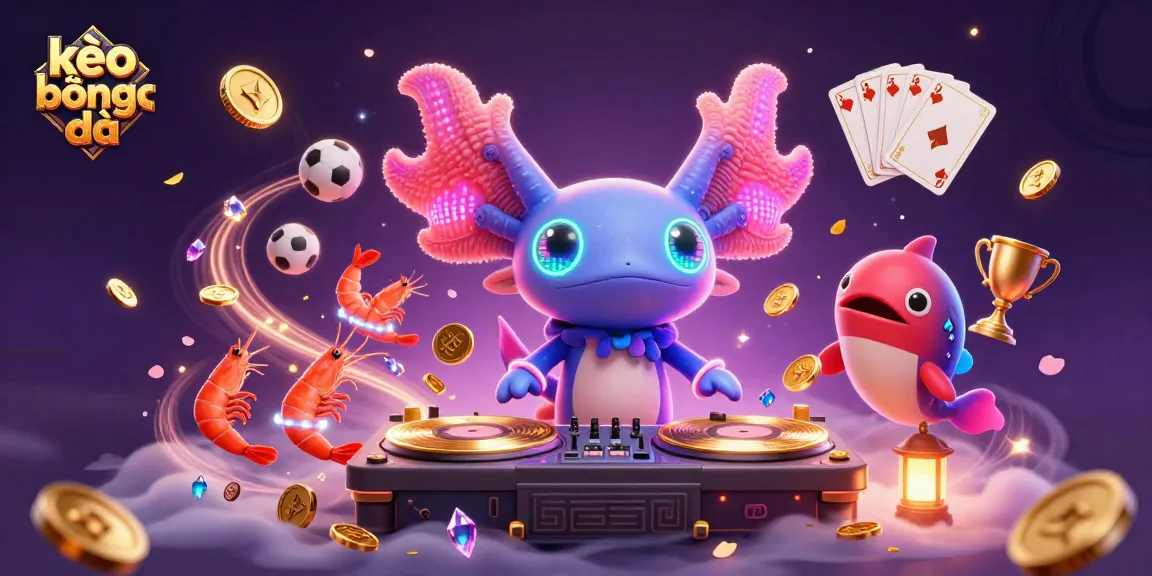 Experience kèo bóng đá action with a lively DJ axolotl spinning records among vibrant casino elements.