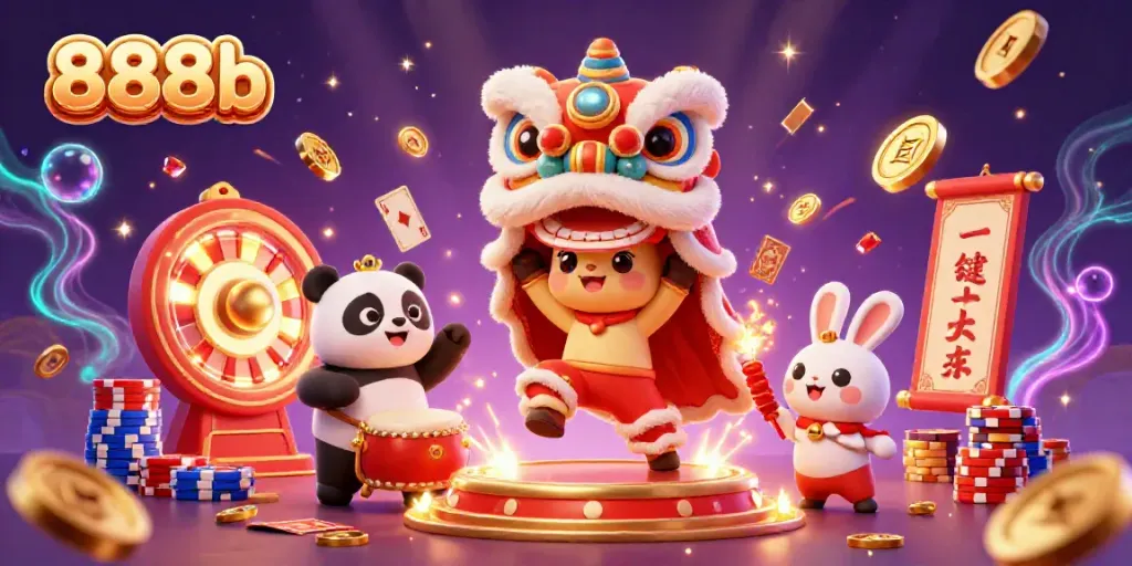 Experience the festive 888b atmosphere with a vibrant lion dance and animated casino elements.