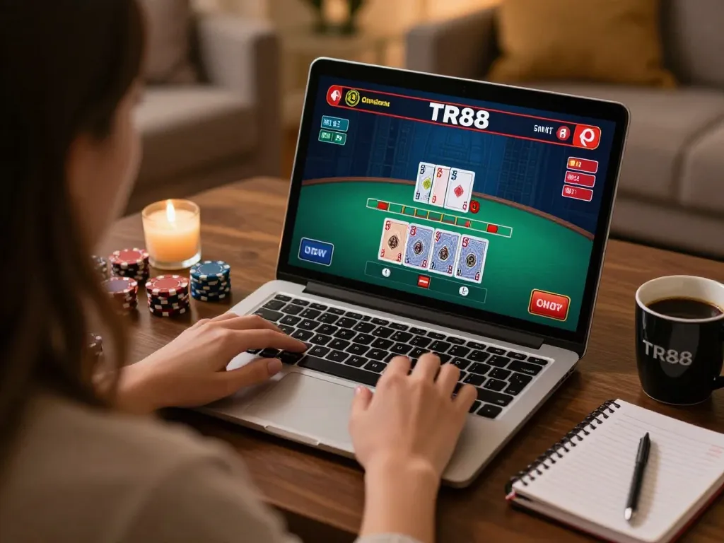 Engaging TR88 gamer enjoying live blackjack at home with strategy notes.