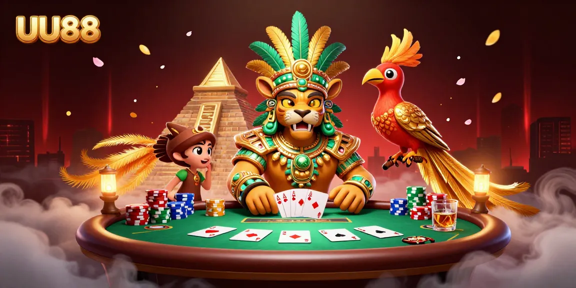 UU88 casino scene featuring a dynamic Mayan-themed poker game with vibrant characters and rich game elements.