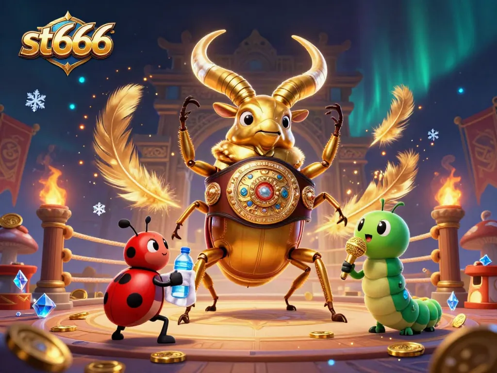 Experience thrilling action at st666 with a giant golden stag beetle in a boxing championship scene.
