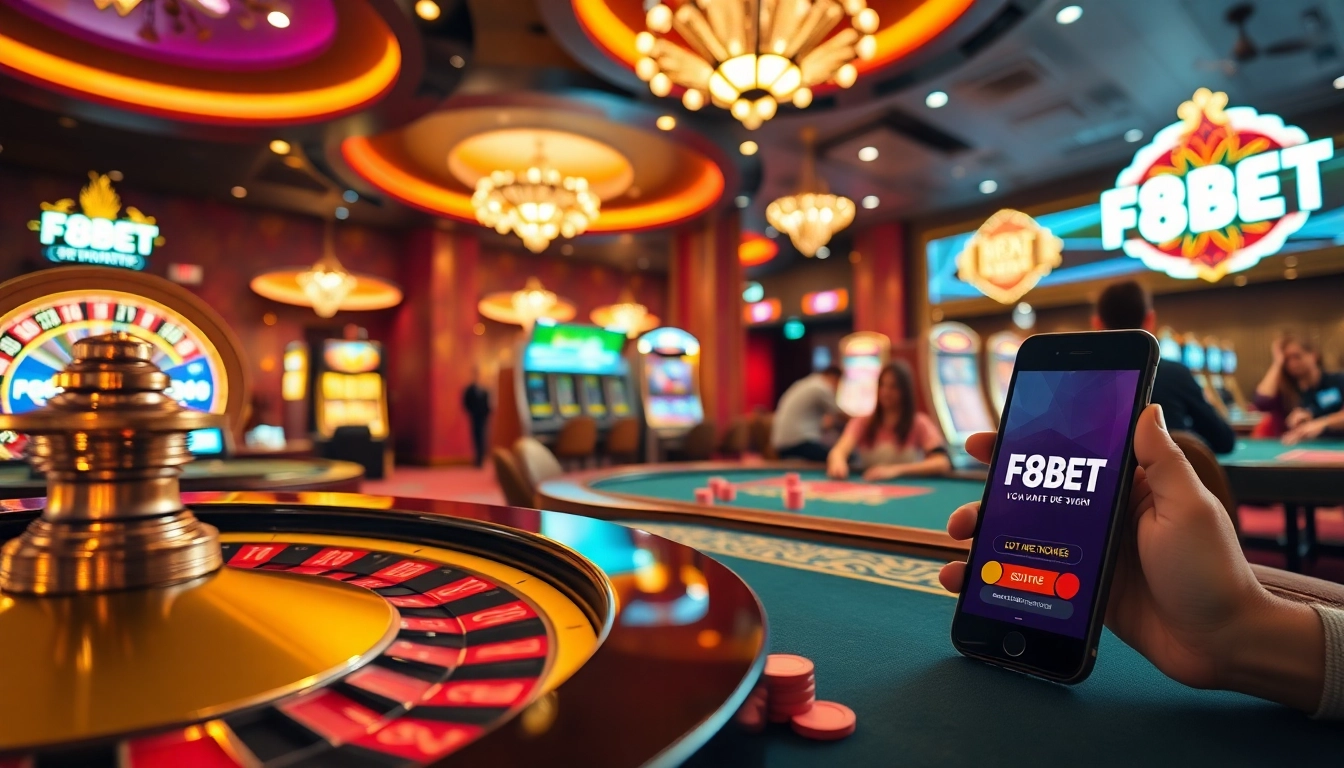 Experience the thrill of F8BET with a vibrant casino scene showcasing exciting gambling activities.