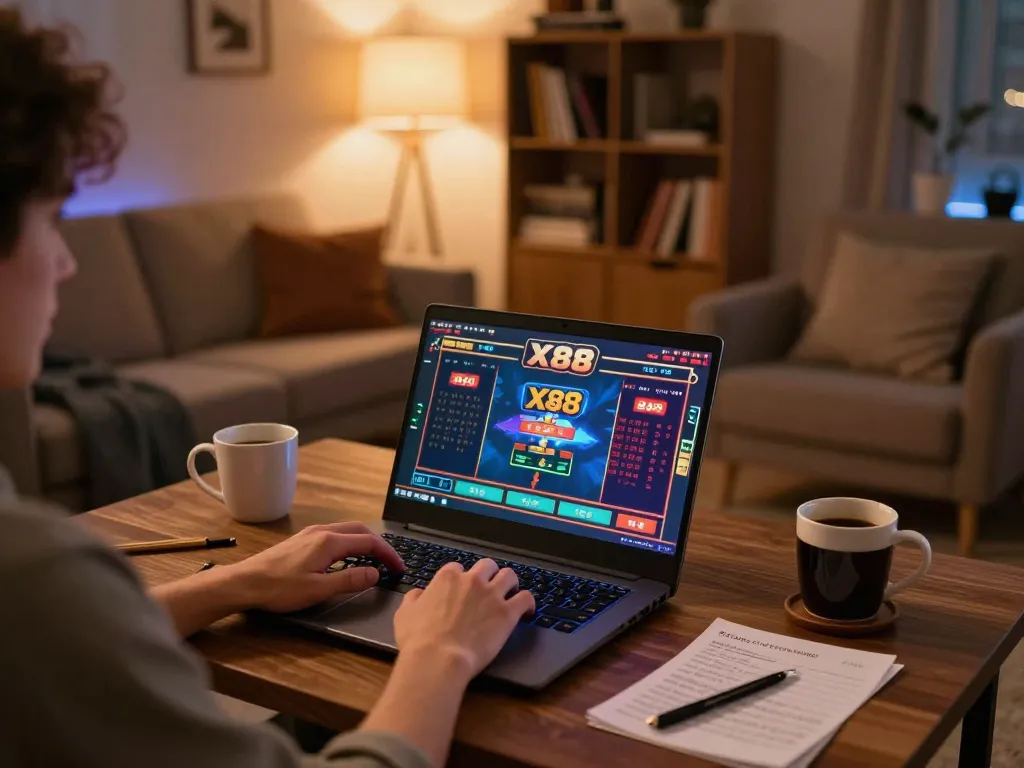 X88 online gaming session with user engaged in casino games on laptop, showcasing a cozy and inviting atmosphere.