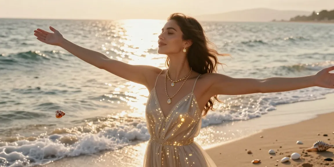Beautiful woman wearing jewellery gifts for her UK by the ocean during sunset.