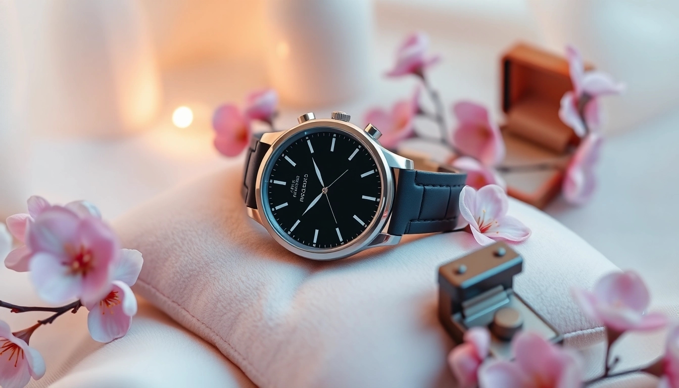 Admire the elegant details of the Ladies Classic Smart Watch on a velvet cushion amidst serene blossoms.