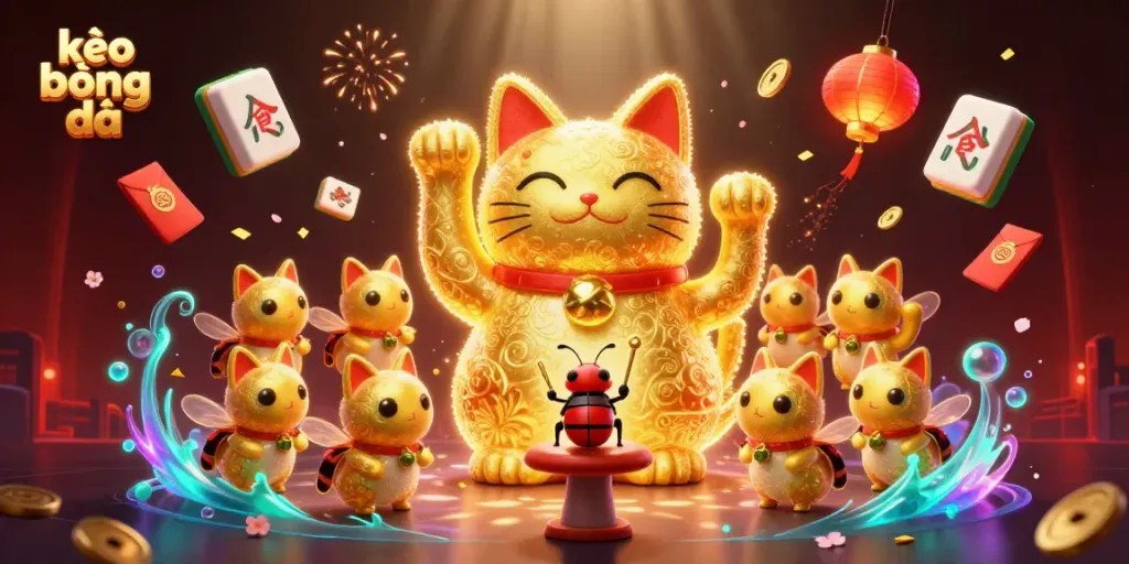 Bet on kèo bóng đá with a vibrant illustration of a lucky cat formed by fireflies, surrounded by casino symbols.