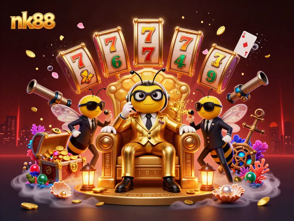 Join the excitement at nk88 with a mob boss surrounded by slot reels and treasures in a vibrant casino scene.