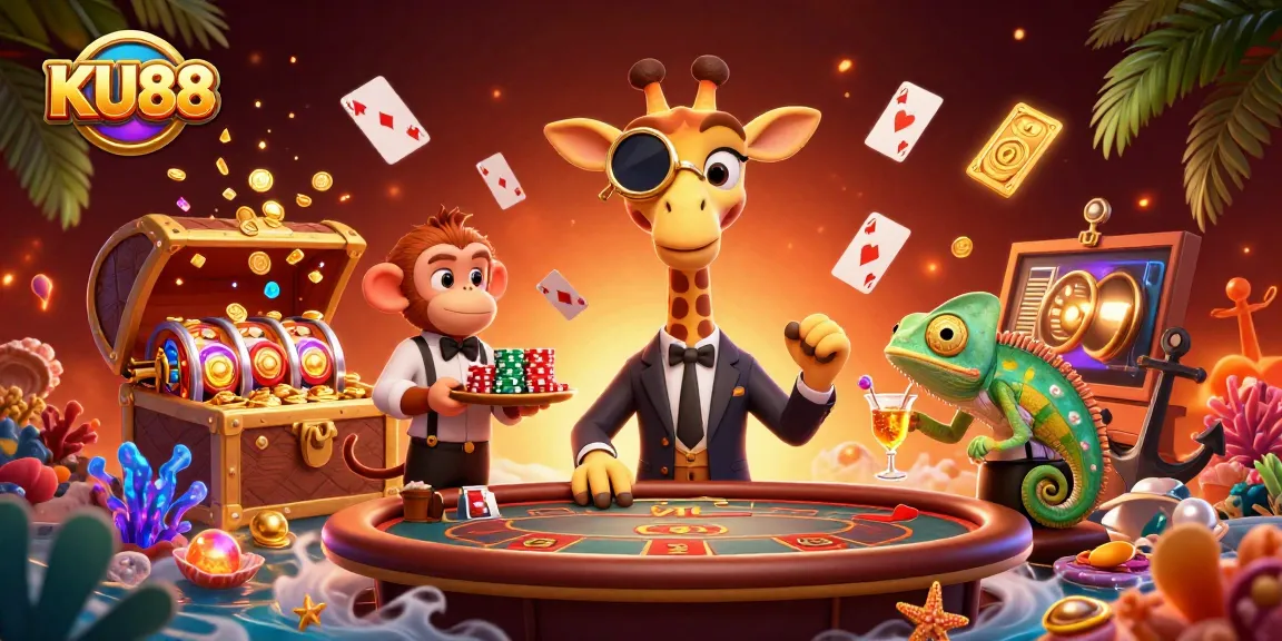 Experience thrilling gameplay at KU88 with a high-roller giraffe, monkey valet, and chameleon bartender.