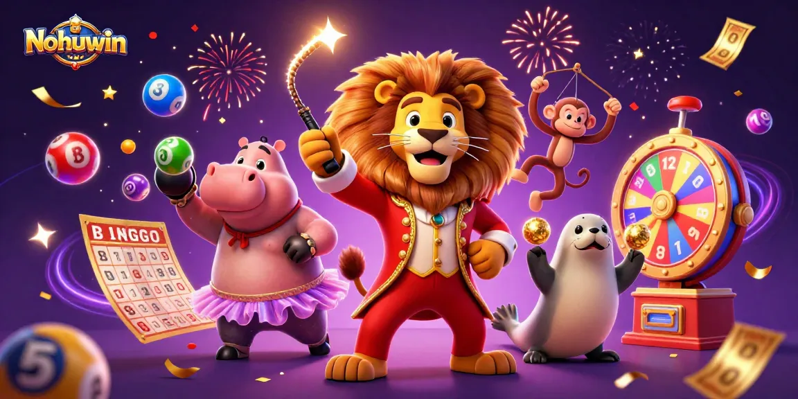 Nohuwin showcases a vibrant casino scene with colorful lottery balls and animated characters.