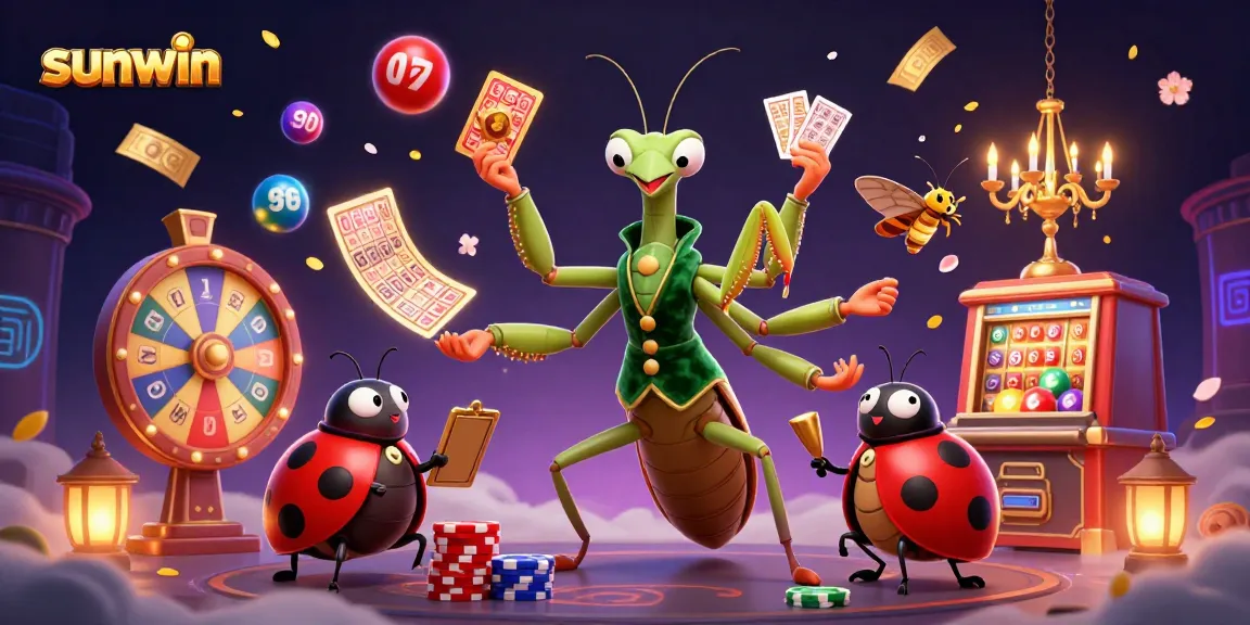 Sunwin showcases a vibrant casino scene with a mantis dealer, ladybug pit boss, and lottery balls.