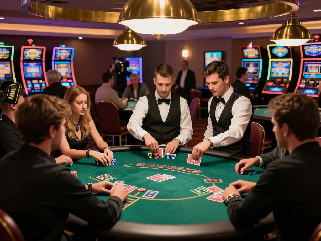 Players enjoying intense poker action at N88 casino, with dealers and vibrant casino lighting.