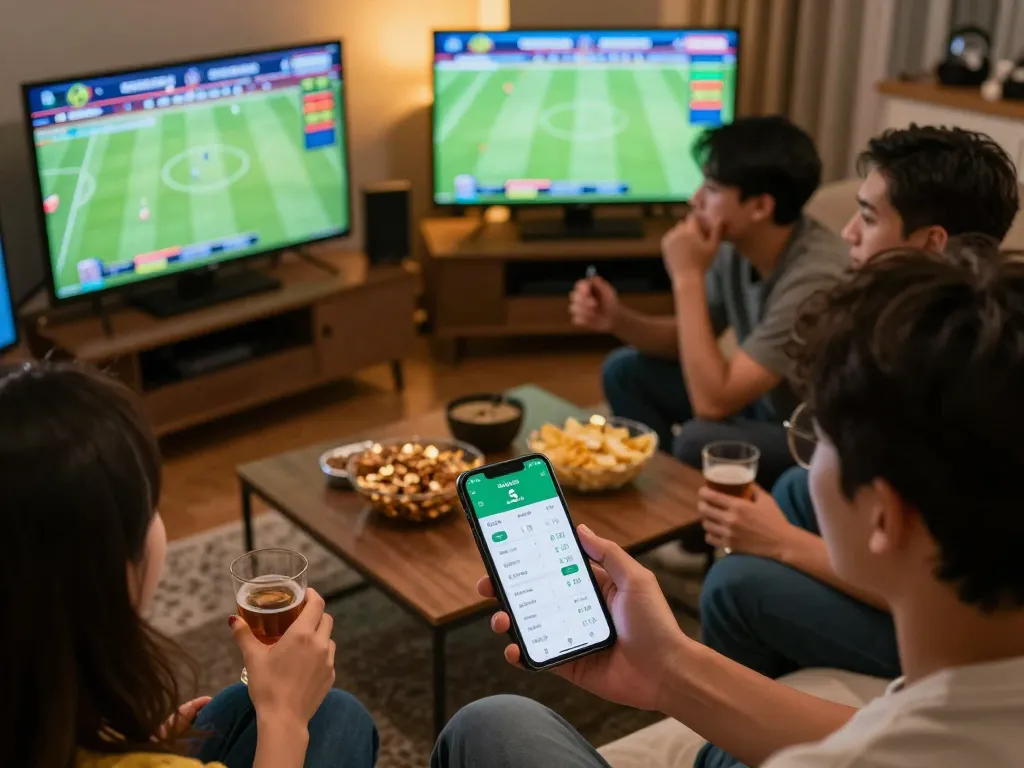 Person engaging in sports betting with Kèo nhà cái 5 app on smartphone, surrounded by friends and snacks.